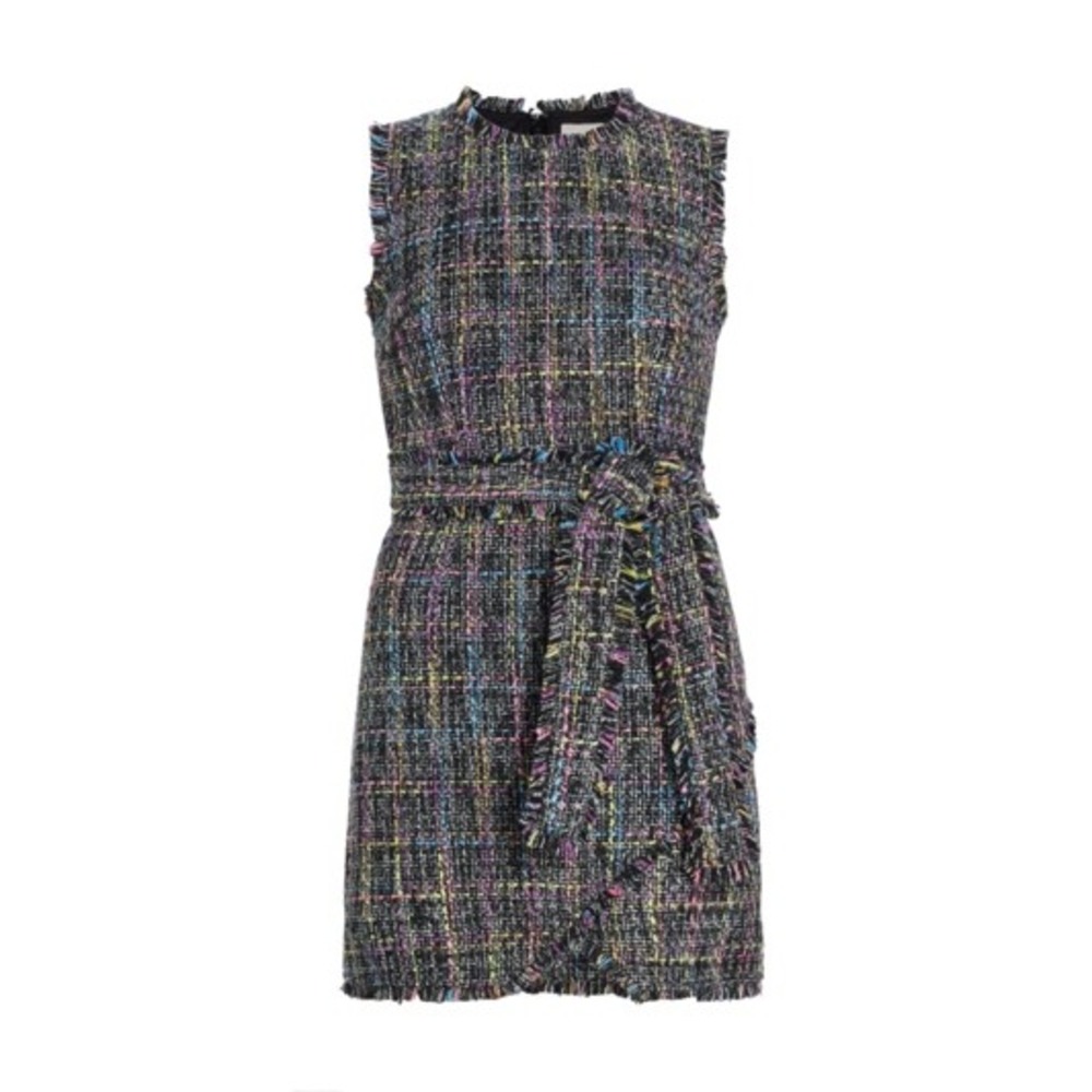 Cinq à Sept Rochelle Tweed Minidress Womens 8 Multicolor Belted Fringe - Picture 2 of 9